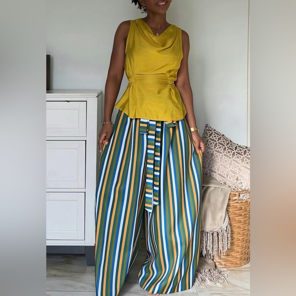 Striped Wide-Leg Pants Contrast Stripe Print Ruched Tie Front Trousers L Mc5
